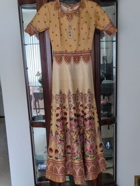 Women's Floral Embroidered Gold Maxi Dress